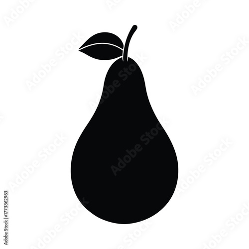 Black silhouette of a pear with a stem and leaf on a white background fruit