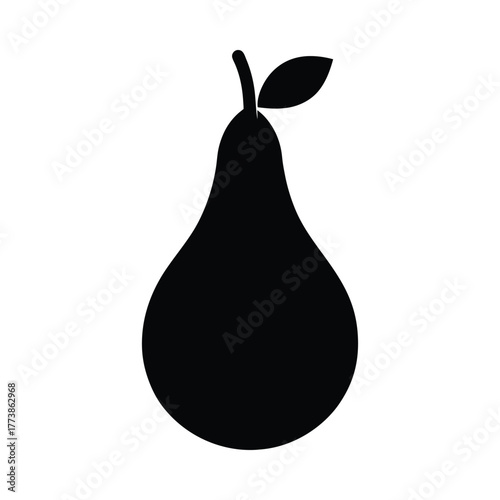 Black silhouette of a pear with a stem and leaf on white background fruit 1