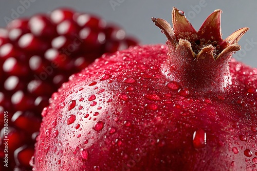 Close up of a vibrant pomegranate with water droplets glistening on its textured skin and crown