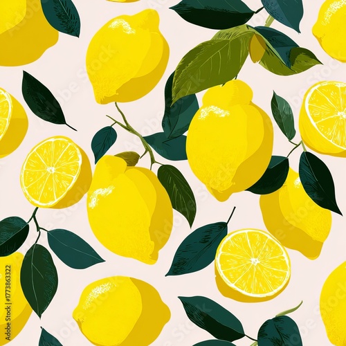 Fresh lemons illustration on branch with green leaves. a refreshing image.