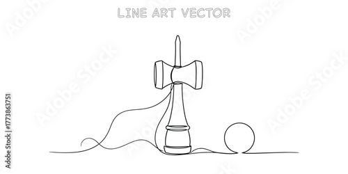Traditional Japanese kendama toy in continuous line art style