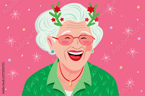 Joyful Senior Woman Laughing at Christmas Party Illustration