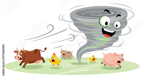 A cartoon illustration depicts a playful, anthropomorphic tornado chasing farm animals across a grassy field, creating a whimsical and slightly chaotic scene with wind effects.
