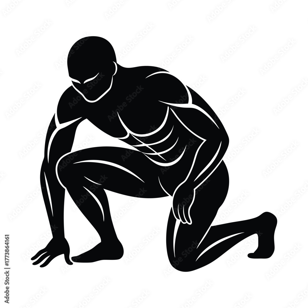 Fototapeta premium Stylized black human figure in a low crouch on white background male