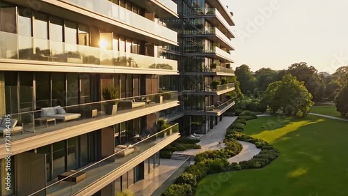 Modern Apartment Building Overlooking Green Park With Warm Sunset Light And Long Balconies Featuring Outdoor Furniture And Glass Railings And Tall Trees