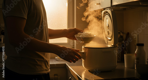Person Cooking Rice in Steam-Filled Kitchen During Sunset