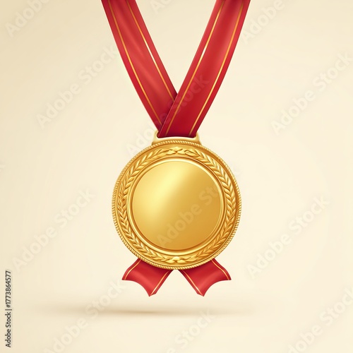 A gold medal hangs with a red ribbon against a soft backdrop, symbolizing accomplishment and victory. Its design includes intricate details