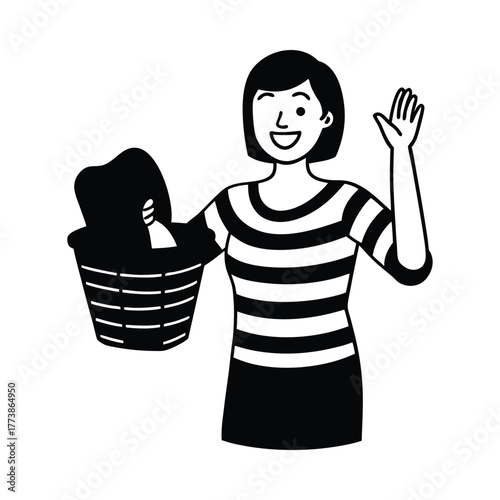 Cheerful young asian woman with short dark hair holding laundry basket waving vector
