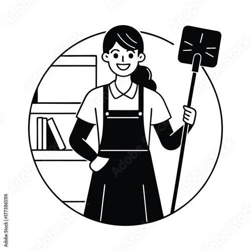 Woman in apron holding dustpan and brush with bookshelf female person