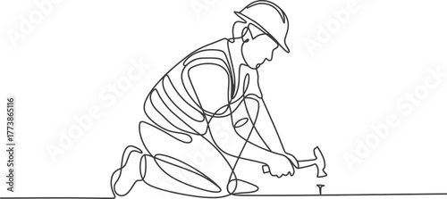 Construction worker hammering nail building industry line art vector