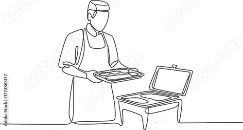 Chef serving food buffet catering restaurant dish line art minimalist