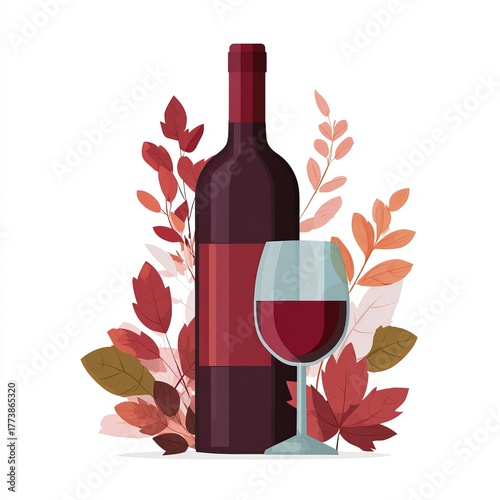 A bottle and a glass of red wine, surrounded by autumnal leaves. A sophisticated illustration depicting the rich colors and flavors of the drink. 