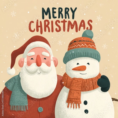 Merry Christmas illustration with Santa and a snowman, conveying holiday cheer with a warm color palette and festive elements