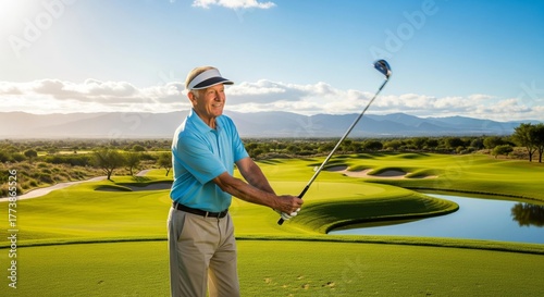 Senior Golfer Swinging Club on Lush Green Golf Course