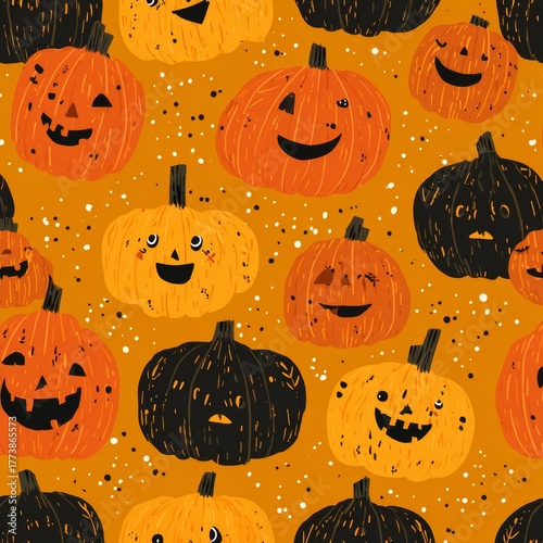 A delightful Halloween pattern featuring various smiling pumpkins on a vibrant orange background. Perfect for autumn designs. 