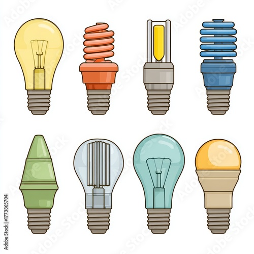A variety of colorful light bulbs showcasing different designs and energy-efficient options.  Featuring diverse shapes and styles to illuminate ideas and spaces