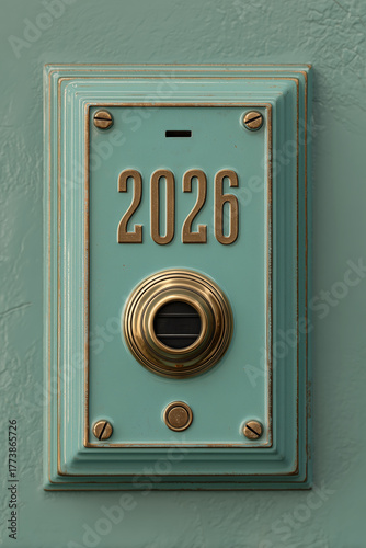 celebrate 2026 door number with button in brass painted with turquoise color, doorbell, house, home, closeup, new years eve day, silvester, portrait format, photorealistic
