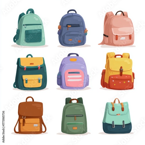 A variety of school backpacks in different colors and designs, perfect for back-to-school season. Each bag showcases its own unique style and is ready to carry supplies