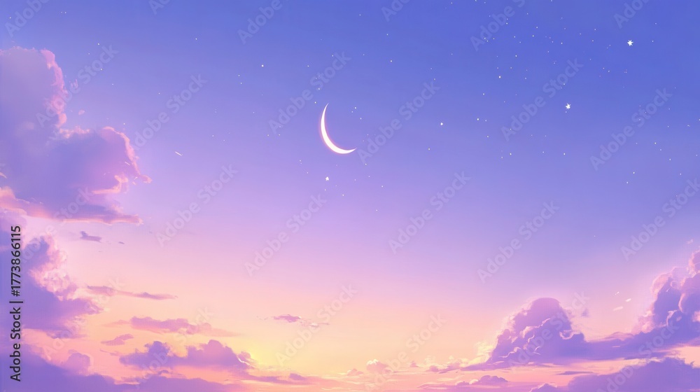 Fototapeta premium Dreamy crescent moon shines over soft pastel clouds at twilight, creating a serene and magical celestial backdrop for peaceful contemplation and wonder.