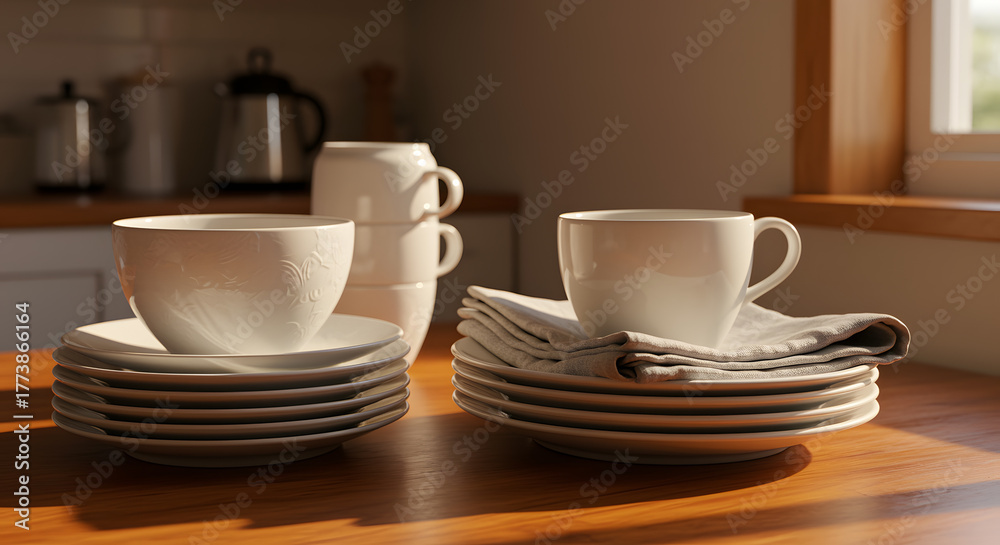Fototapeta premium Stacked White Dishware with Coffee Cups and Napkins in Sunlit Kitchen