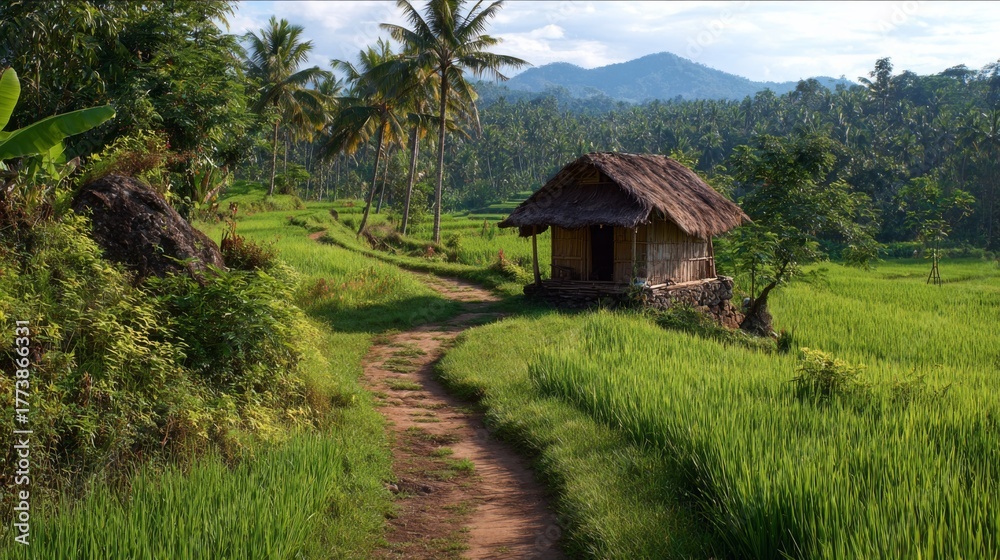 Fototapeta premium Serene Tropical Landscape with Rice Fields and Traditional Hut Surrounded by Lush Greenery and Palm Trees Under a Bright Blue Sky