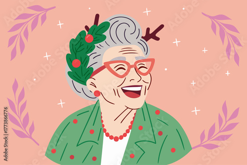 Joyful Senior Woman Laughing in Christmas Portrait Illustration