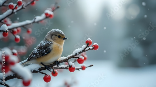 Winter bird rests on snowy branch with bright red berries