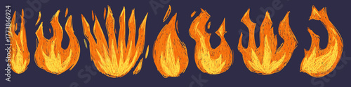 Hand drawn flame icons with scribble texture in orange and yellow colors. Dynamic fire doodle vector set with sketchy blaze shape isolated on black. Cartoon inferno elements or combustion illustration