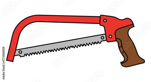 Illustration of a coping saw with a red frame and a brown handle isolated on white background