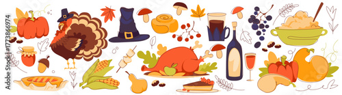Thanksgiving dinner collection with roasted turkey, pumpkin pie and festive food elements. Autumn harvest symbols of corn and grapes, mushrooms and pilgrim hat, wine bottle with glass and bowl.