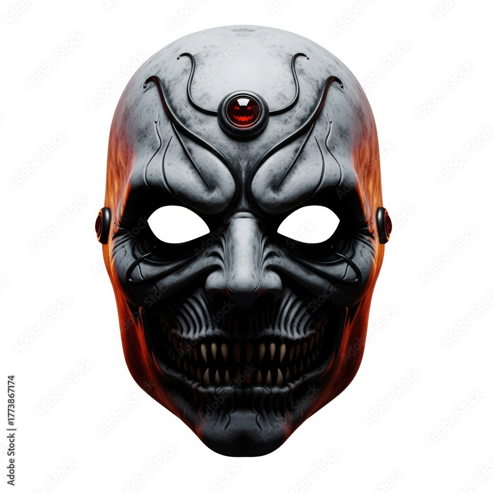 Naklejka premium Sinister White Mask with Intricate Details and Red Gem in Dim Lighting