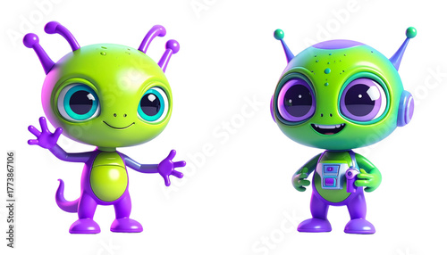 3D Alien Mascot with Antennas Bundle Isolated on Transparent Background