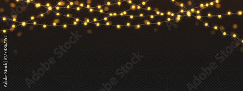 Fairy light string garland with glowing yellow bulbs on transparent dark background. Festive illuminated decoration chains with warm bokeh effect for holiday celebration or party atmosphere design.