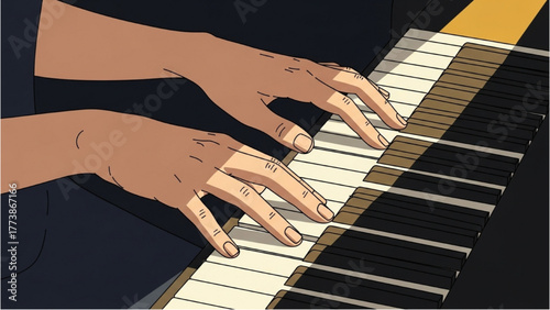 Close-up of hands playing the piano, creating beautiful music
