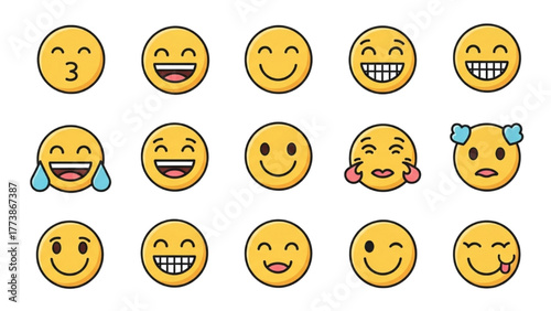 Diverse Collection of Expressive Yellow Emoji Faces Showcasing a Wide Range of Human Emotions and Feelings