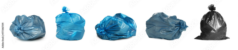 Fototapeta premium Garbage in plastic bags isolated on white, set