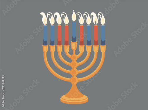 This Hanukkah vector features a beautiful menorah, dreidel, and Jewish holiday elements perfect for festive cards, decorations, and print designs.