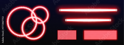 Red led light set with neon strip lamps, tube bulbs and circular rings on transparent background. Glowing panel ribbons with bright illumination effect for party or futuristic technology design.