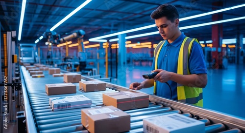 Warehouse Worker Scanning Packages on Conveyor Belt, Modern Logistics.