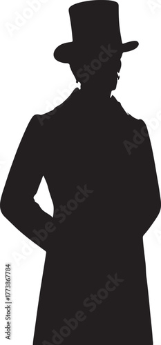 A silhouette of an Australian male wearing 1800s fashion, including a top hat, formal jacket, and his hands behind his back.
