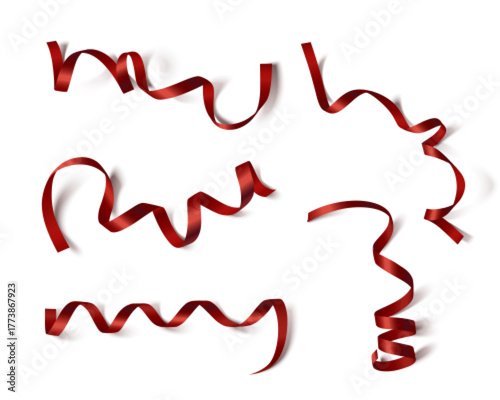 Red ribbon set with satin silk band strips on white background. Glossy gift tape in curved and spiral shapes - elegant decoration for christmas present wrapping, festive bow or celebration packaging