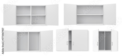 White kitchen cabinet furniture set with open doors and shelf compartments isolated on background. Various modular storage units in minimalist style for interior design. Empty cupboard elements.