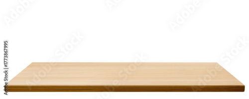 Wooden desk top in perspective side view - natural light wood surface with grain texture on white background. Realistic clean kitchen tabletop platform for product display or mockup presentations.