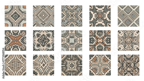 Collection of Abstract Geometric Patterns in Various Square Tiles for Design