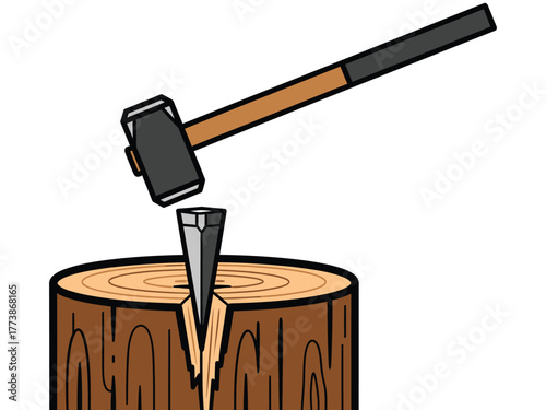 Sledgehammer about to hit a wedge on a log isolated on white background wood splitting concept illustration