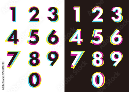 グリッチエフェクトの数字 0〜9 - CMYカラーノイズ / デジタルデザイン