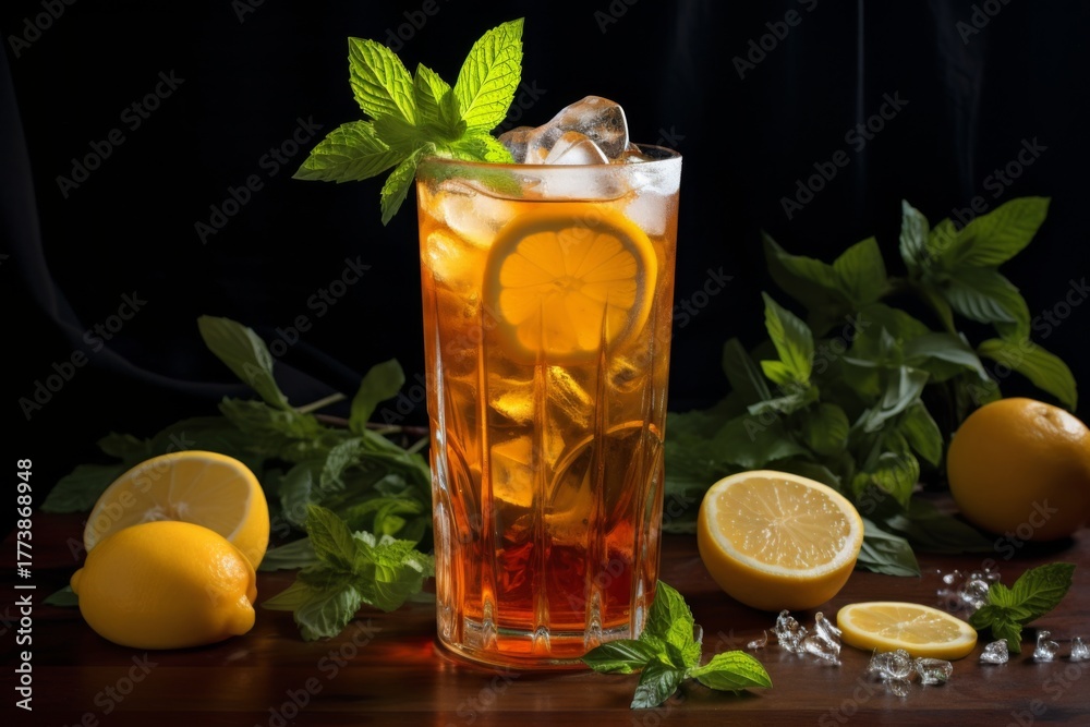 Fototapeta premium Refreshing iced tea with lemon and mint served in a tall glass on a wooden table