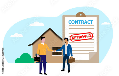 agent client shaking hands signed document business deal transfer right property house selling