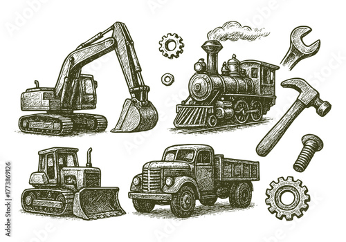 Vintage Hand-Drawn Construction Vehicles and Industrial Tools Set Classic Steam Train Line Art – Historical Locomotive Design Antique Steam Engine Illustration – Old Railway Heritage Art