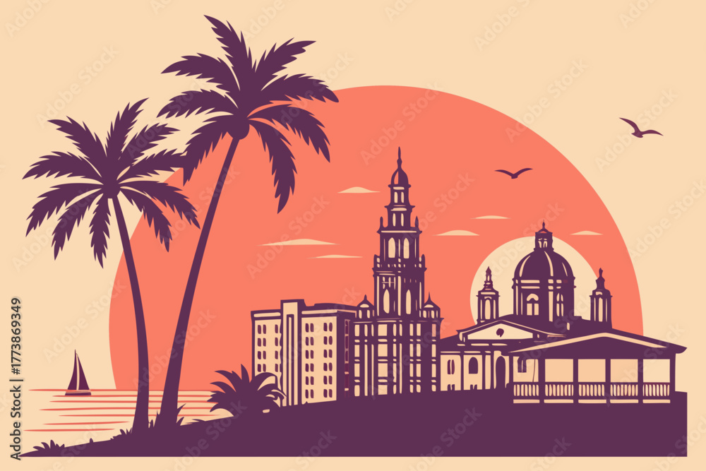 Obraz premium Flat modern design of Key West skyline sunset silhouette 